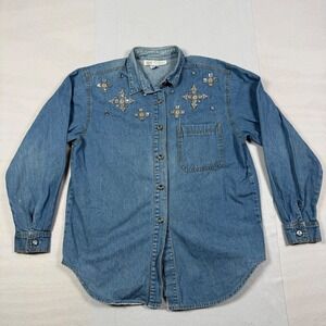 Vintage 90s Monique Fashions Denim Studded Rhinestone Shirt 12 Blue Made in USA